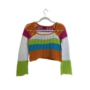 Wild‎ Fable Square Neck Pointelle Pullover Sweater Bright Striped Size XXS